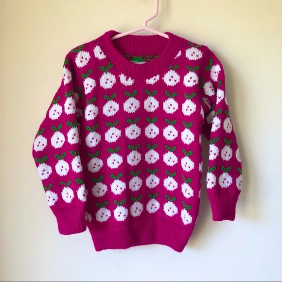 Girls Vintage Hand Knit Berry Pink Novelty Sweater - Picture 7 of 7